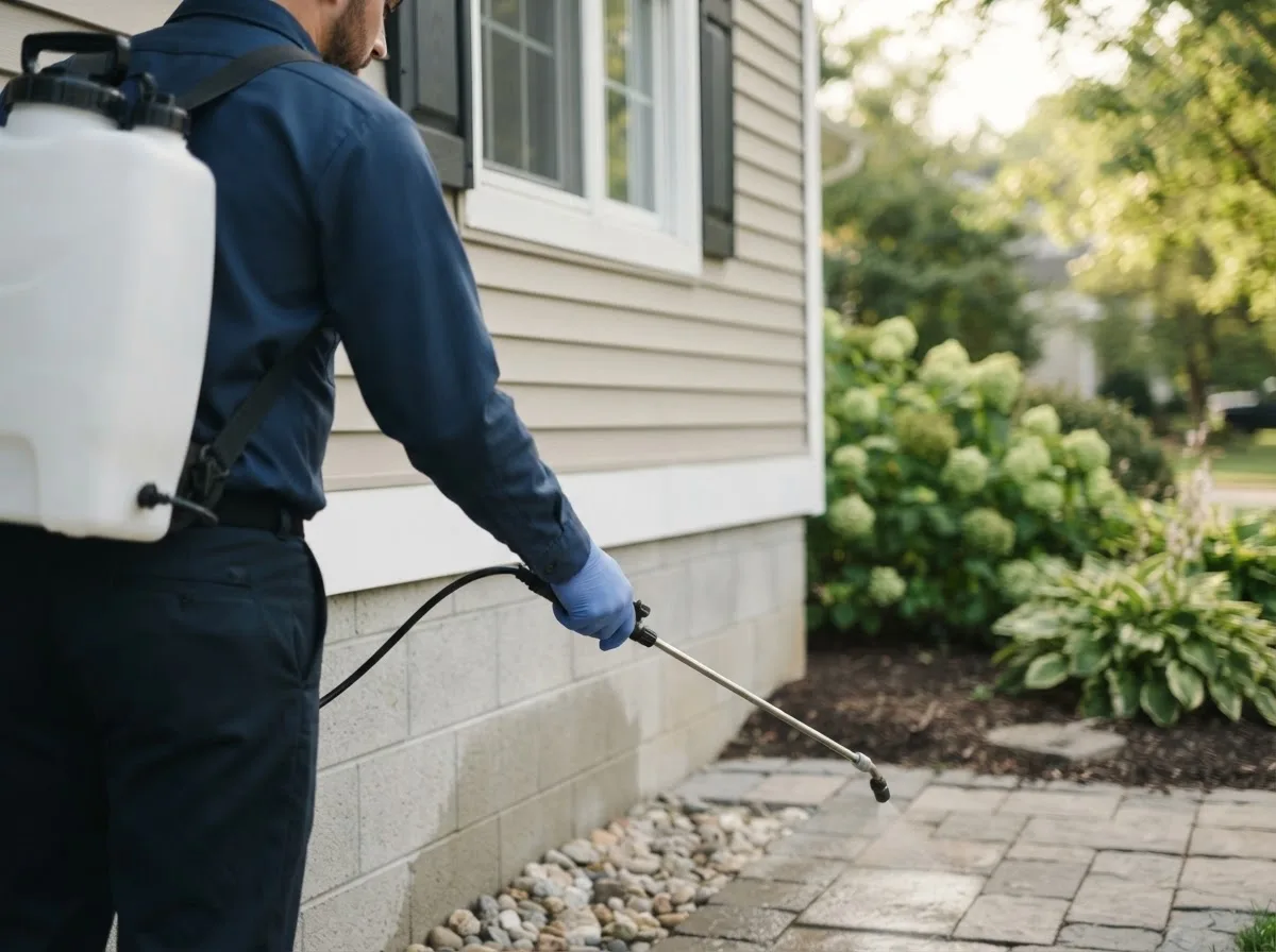 Pest control technician inspecting a home in Greenview, IL
